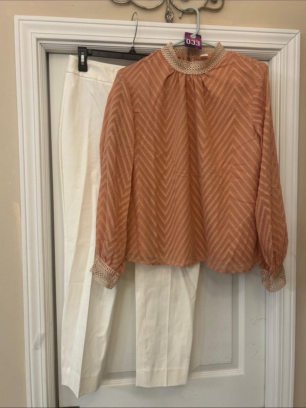 Talbots 10 P ankle pants and Peach Chevron Lace-Trim Long Sleeve Blouse